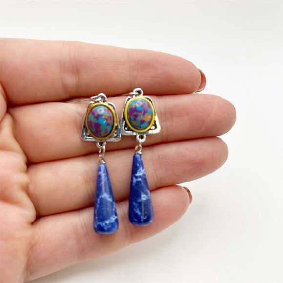 Beautiful Faux Lapis Lazuli Blue Stone Teardrop Dangle Earrings Silver Tone Hook - Picture 4 of 10
